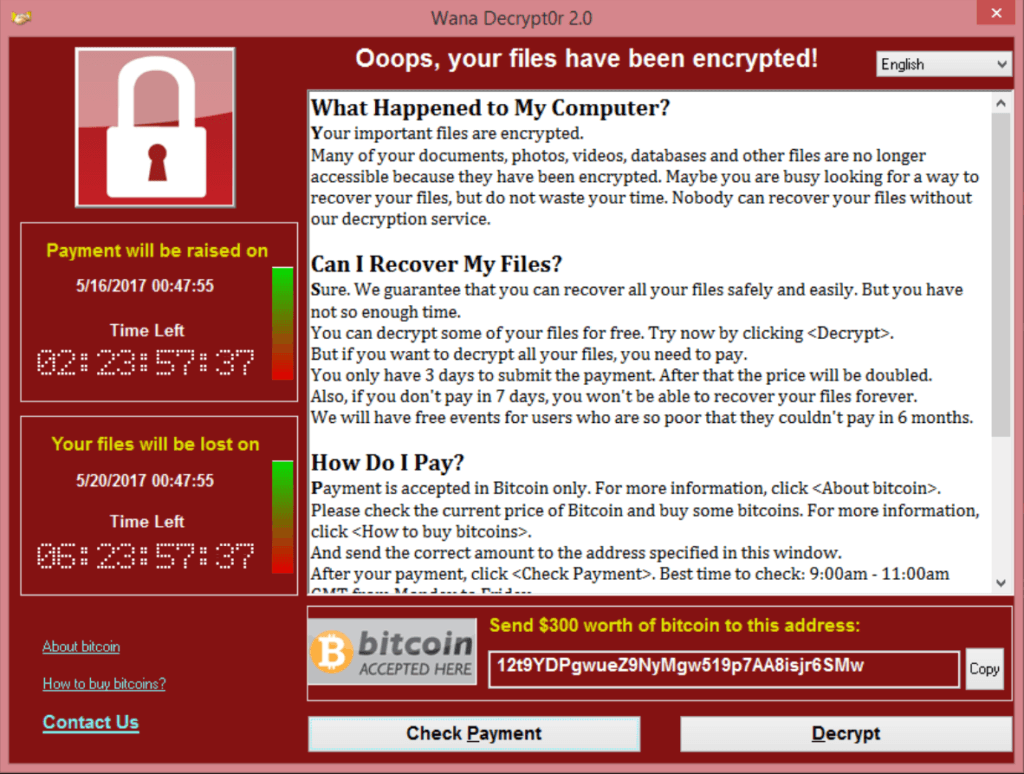 Pantalla de WannaCry